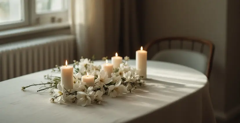 Lit white candles and a ring of white flowers on a linen-covered table in a softly lit room